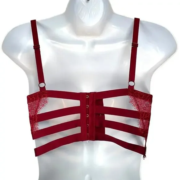 Victoria’s Secret Balconette Bra 32C Strappy Red Lace Long Line Corset Push Up - Picture 2 of 11